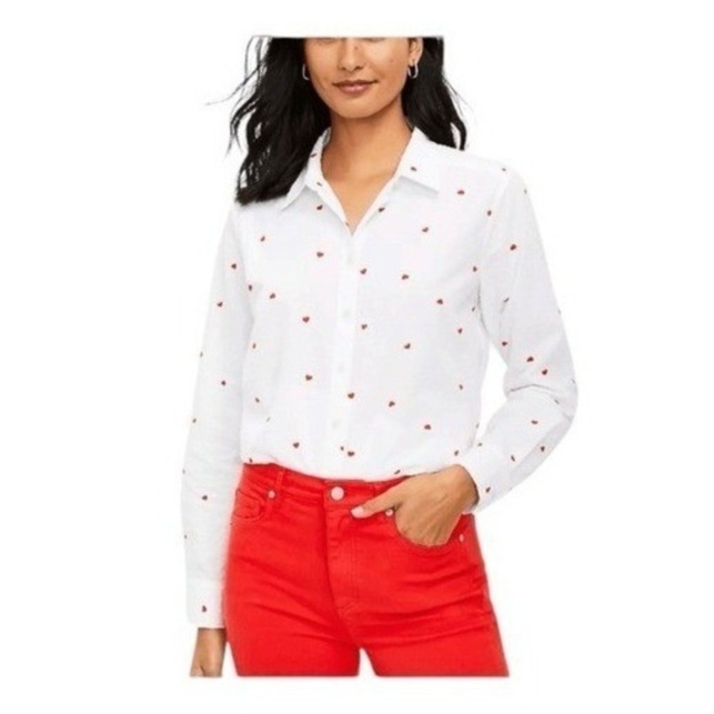 Loft‎ Heart Print Everyday Button Down Shirt White Swiss Dot Poplin Cotton XSP